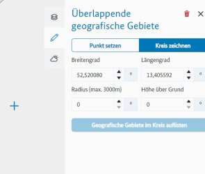 Überlappende geografische Gebiete – Werkzeug zum Kreis zeichnen - Erster Schritt -Erster Schritt- Kreiszeichnen grafisch eingeleitet.
