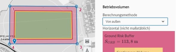 Dropdown Auswahl zur Berechnungsmethode "Von außen" mit Kartendarstellung der Geometrie. Der Betriebsraum (Flight Geography und Contingency Volume) und derGround Risk Buffer befinden sich innerhalb der eingezeichneten Geometrie Dropdown Auswahl zur Berechnungsmethode "Von außen" mit Kartendarstellung der Geometrie. Der Betriebsraum (Flight Geography und Contingency Volume) und derGround Risk Buffer befinden sich innerhalb der eingezeichneten Geometrie